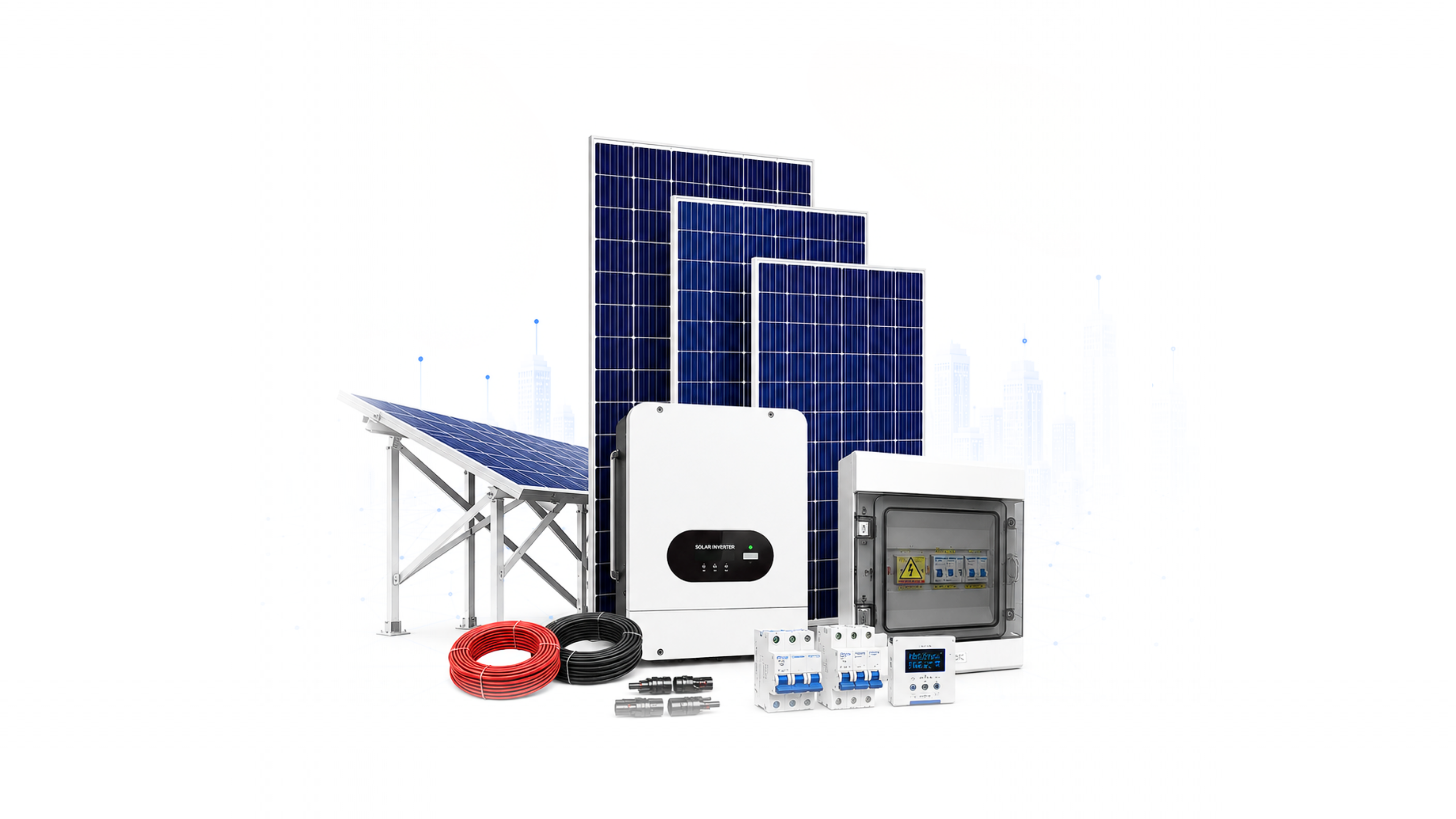 Sistem panel surya, inverter, dan komponen PLTS untuk renewable energy